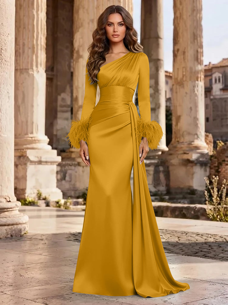 Satin Mermaid Asymmetric Neck Long Evening Dresses with Feather