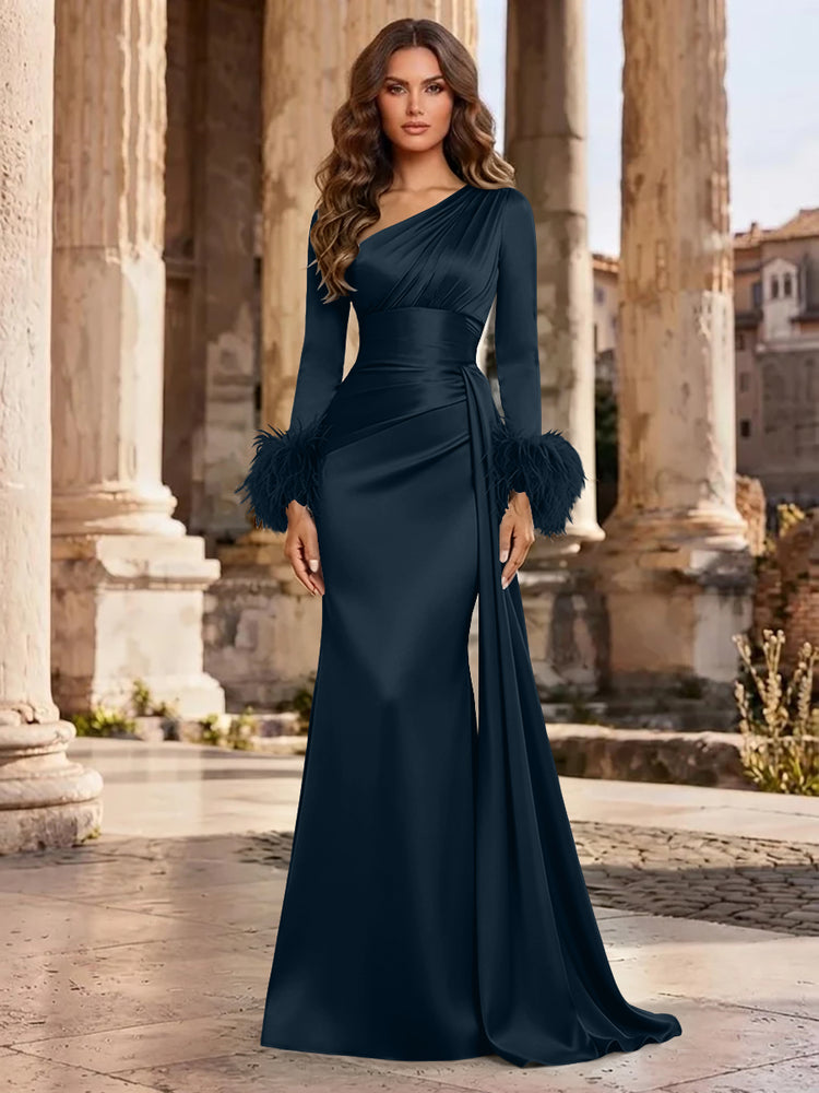 Satin Mermaid Asymmetric Neck Long Evening Dresses with Feather