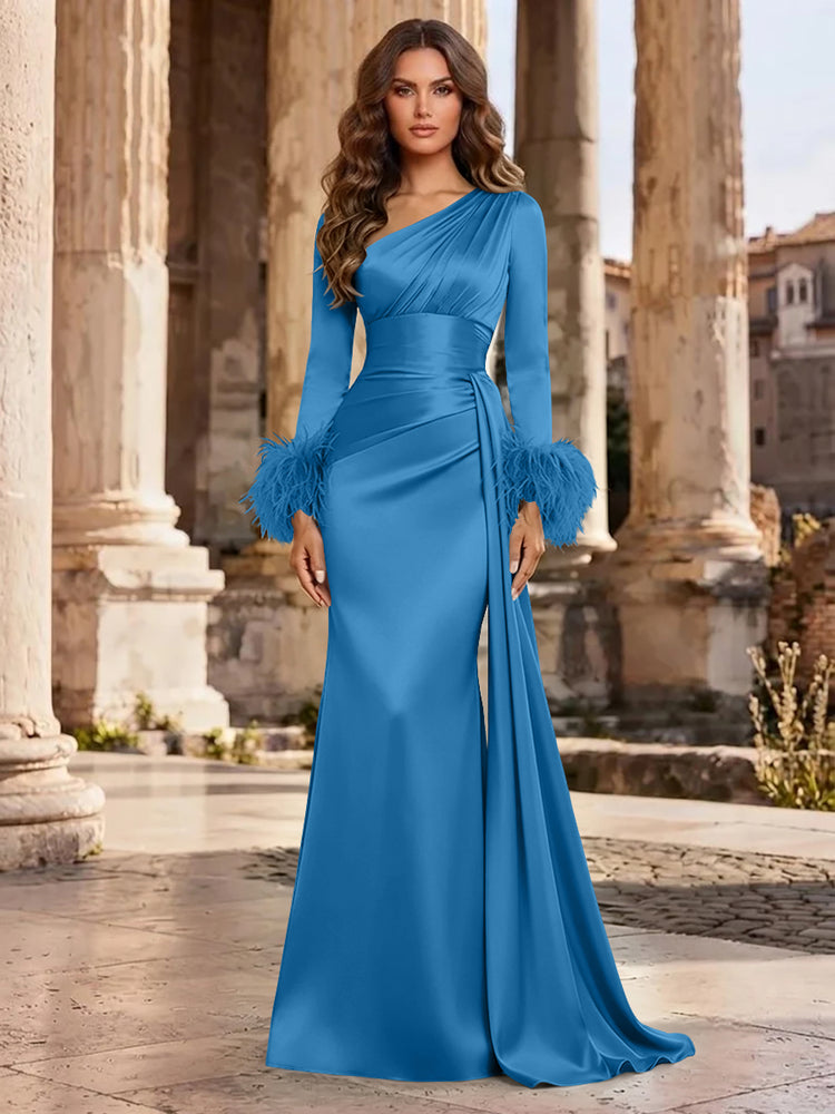 Satin Mermaid Asymmetric Neck Long Evening Dresses with Feather