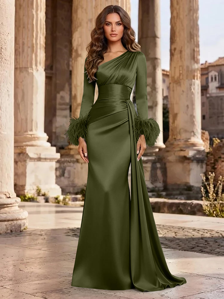 Satin Mermaid Asymmetric Neck Long Evening Dresses with Feather