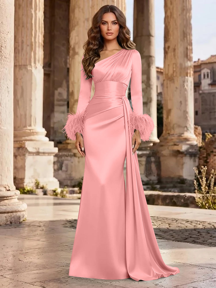 Satin Mermaid Asymmetric Neck Long Evening Dresses with Feather