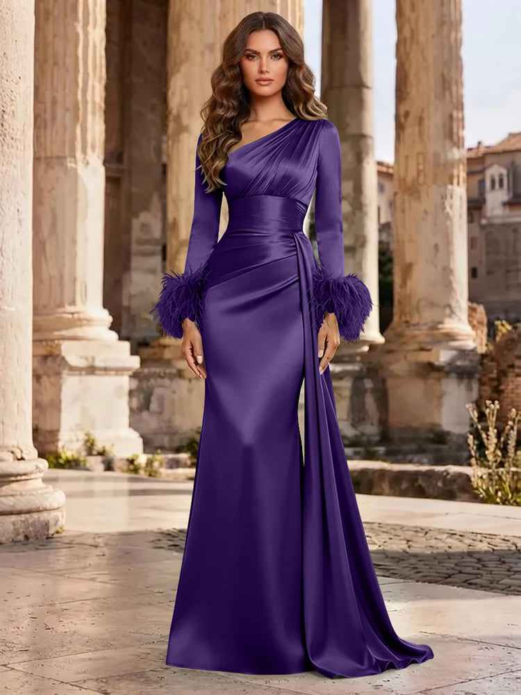Satin Mermaid Asymmetric Neck Long Evening Dresses with Feather