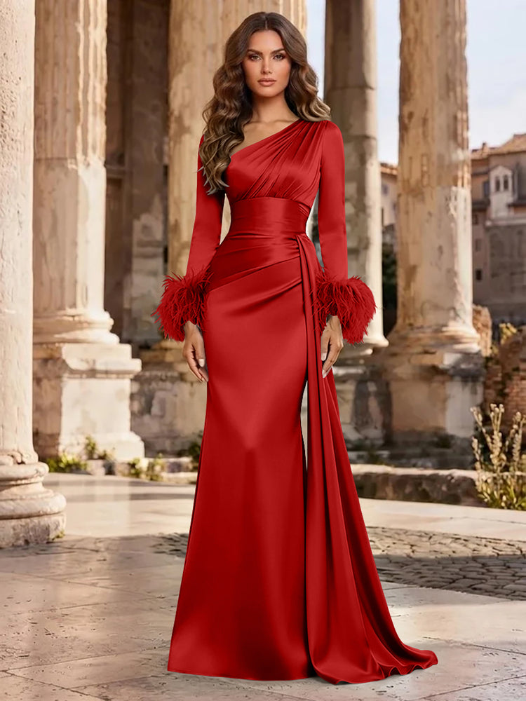 Satin Mermaid Asymmetric Neck Long Evening Dresses with Feather
