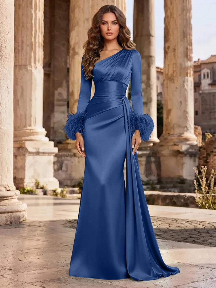 Satin Mermaid Asymmetric Neck Long Evening Dresses with Feather