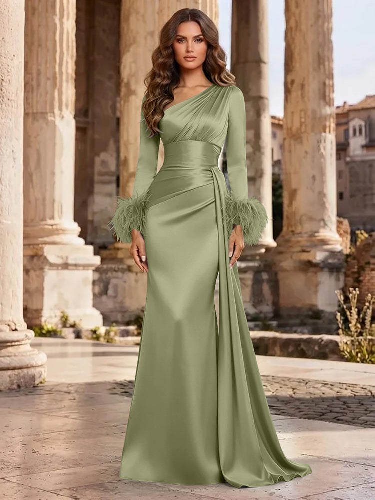 Satin Mermaid Asymmetric Neck Long Evening Dresses with Feather