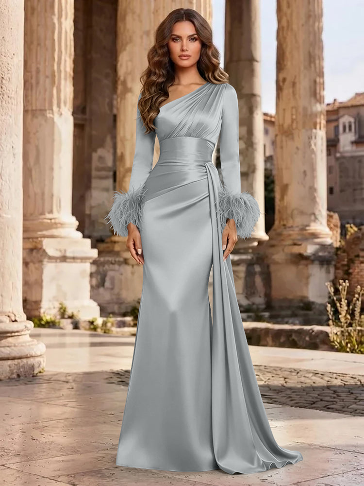 Satin Mermaid Asymmetric Neck Long Evening Dresses with Feather