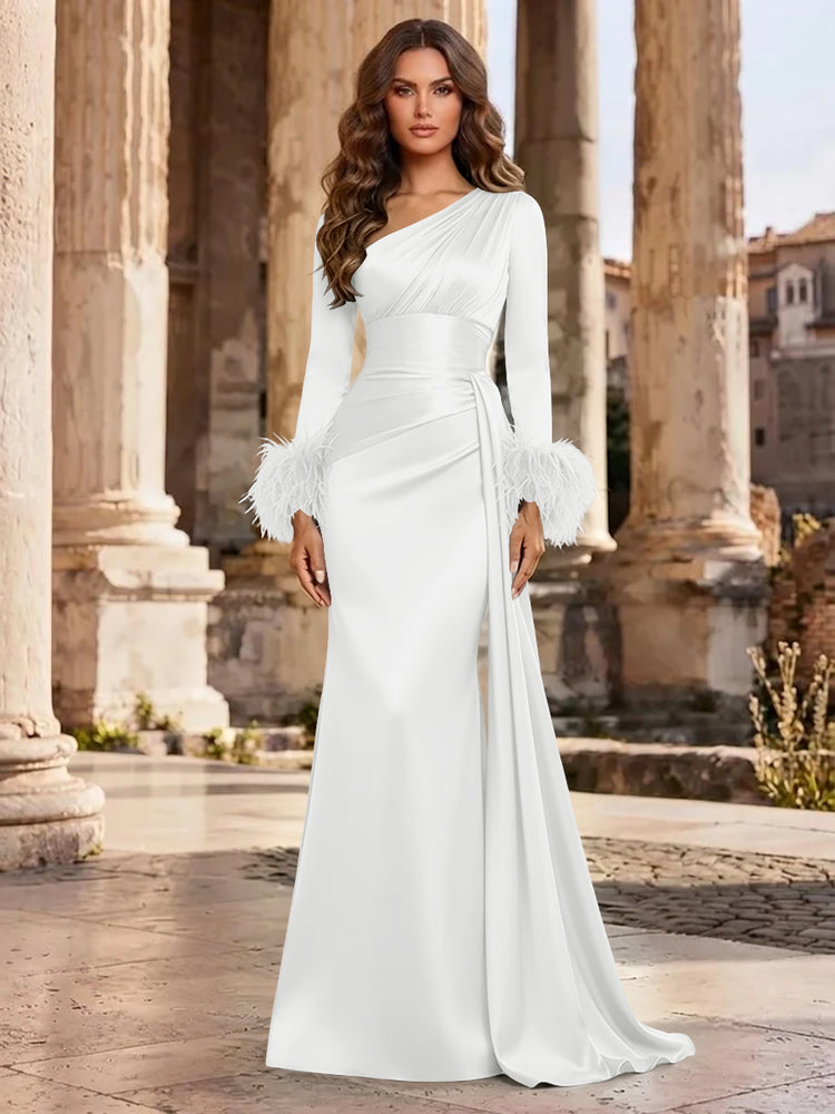 Satin Mermaid Asymmetric Neck Long Evening Dresses with Feather