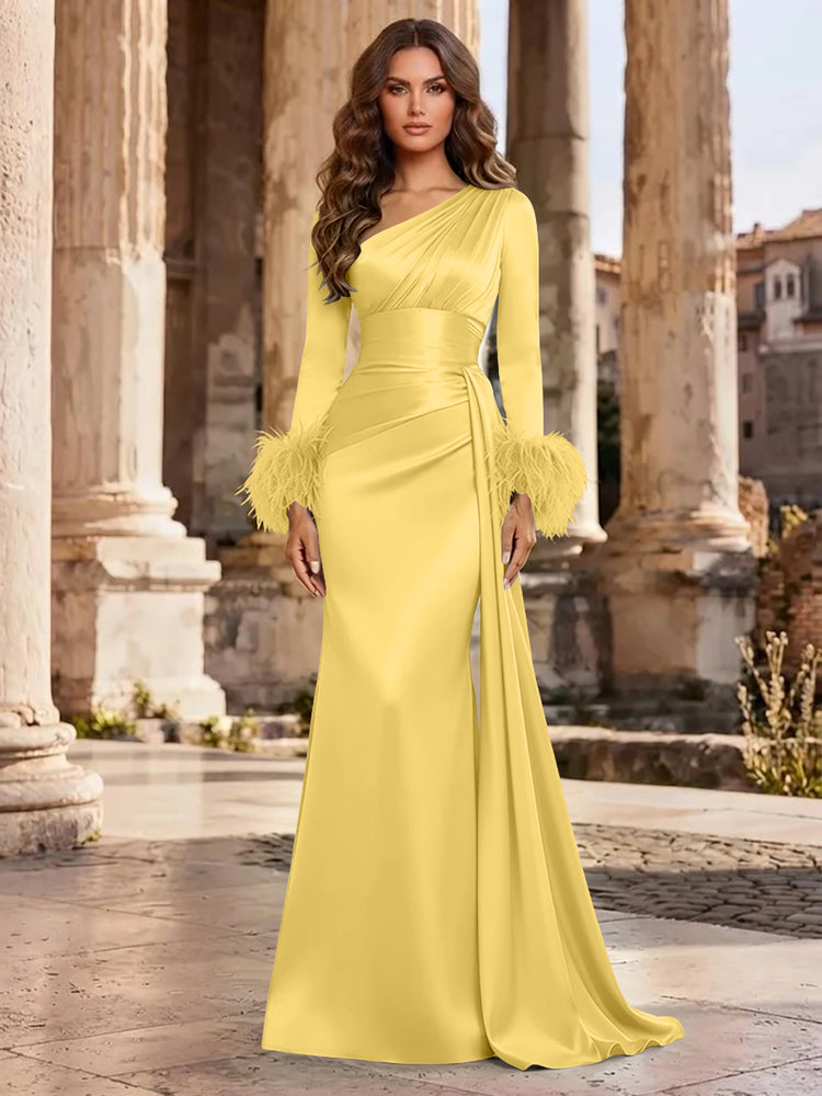Satin Mermaid Asymmetric Neck Long Evening Dresses with Feather