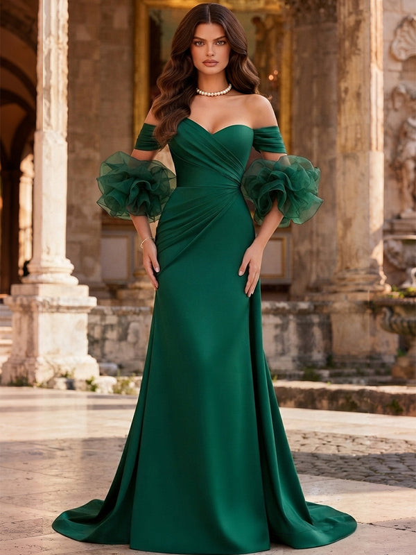 Satin Mermaid Off the Shoulder Long Evening Dresses with Ruffles