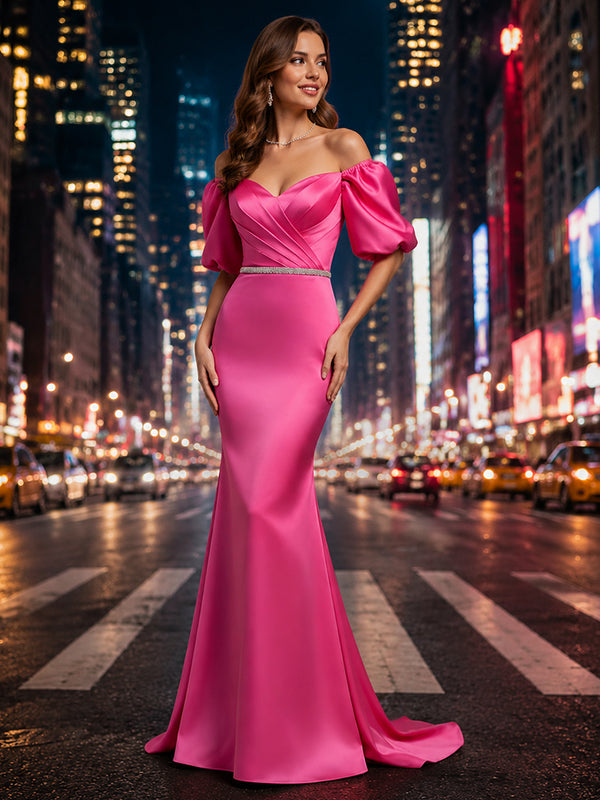 Satin Mermaid Off the Shoulder Long Evening Dresses with Beadings