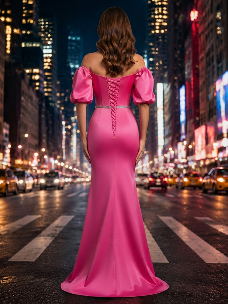 Satin Mermaid Off the Shoulder Long Evening Dresses with Beadings