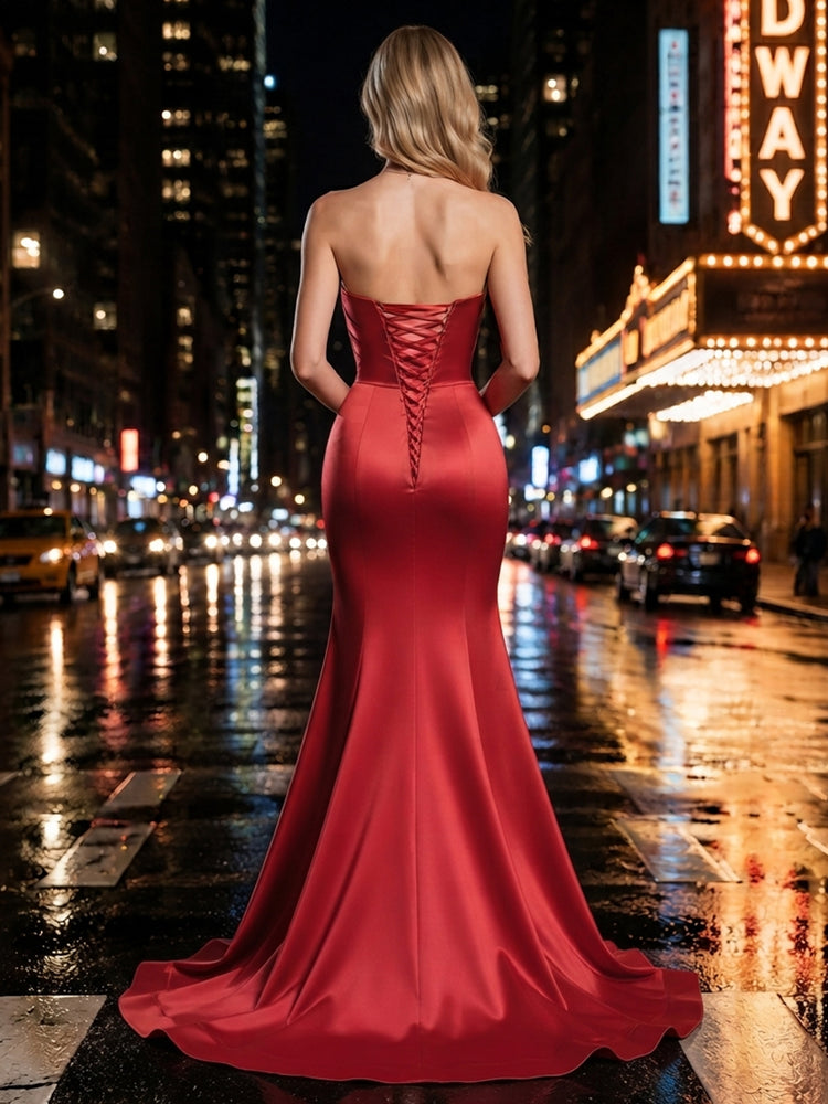 Satin Mermaid Sweetheart Long Evening Dresses with Ruffles
