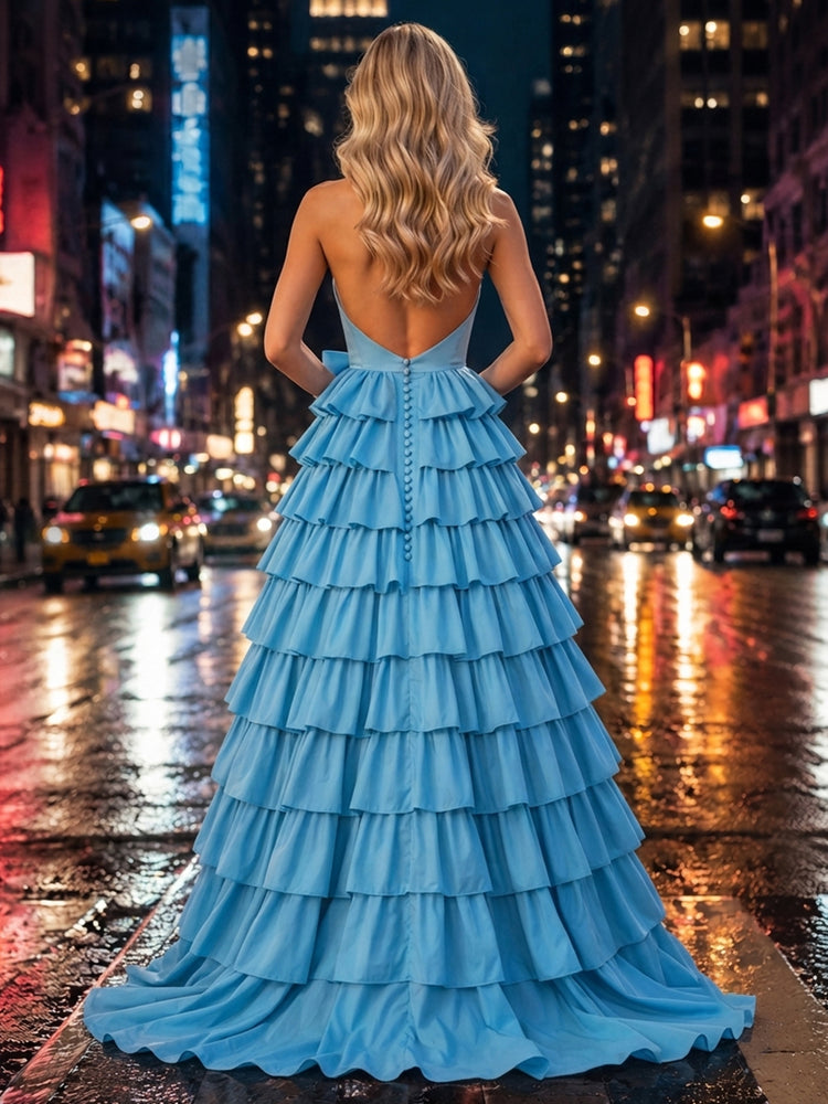 Taffla A-Line Halter Long Evening Dresses with Tiered Ruffles
