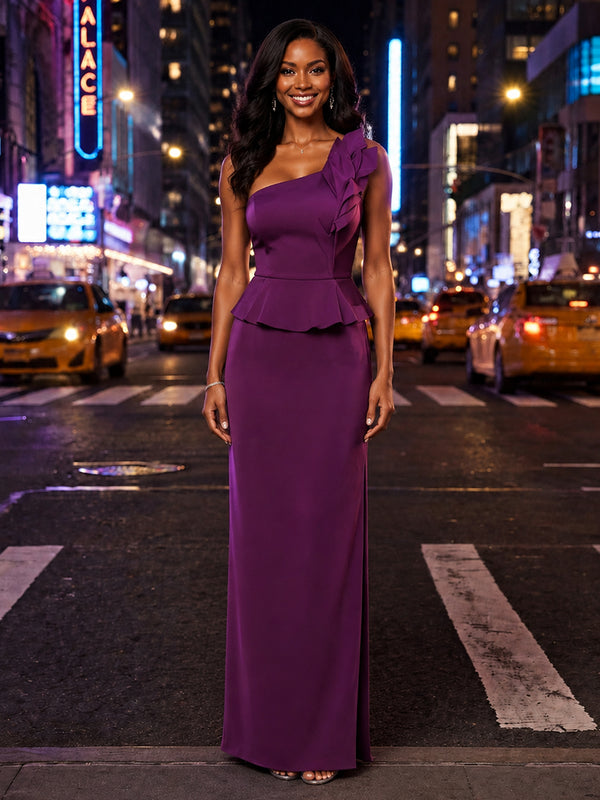 Satin Sheath One Shoulder Long Evening Dresses with Ruffles