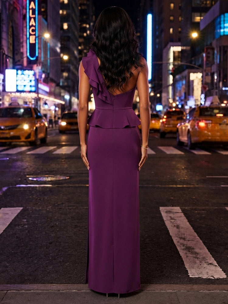 Satin Sheath One Shoulder Long Evening Dresses with Ruffles