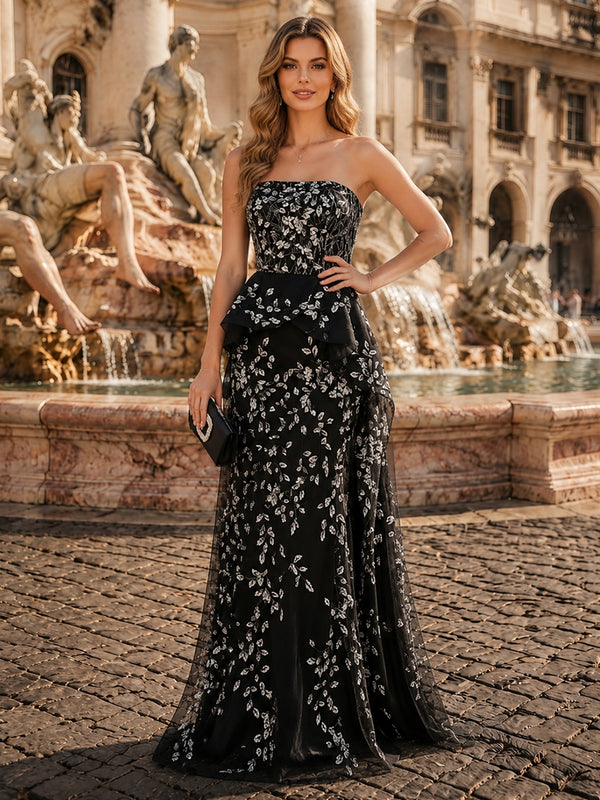 Tulle Mermaid Strapless Long Evening Dresses with Applique