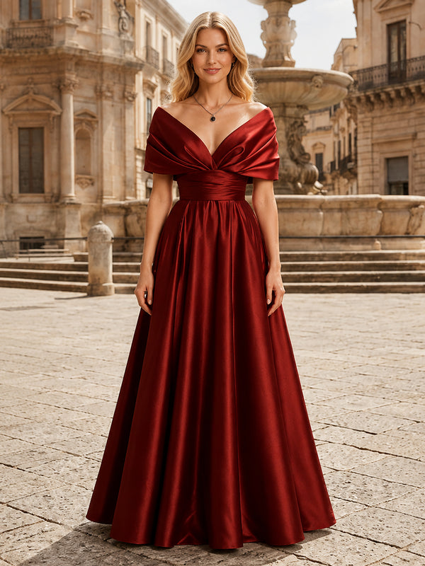 Satin A-Line Off the Shoulder Long Evening Dresses with Pleats