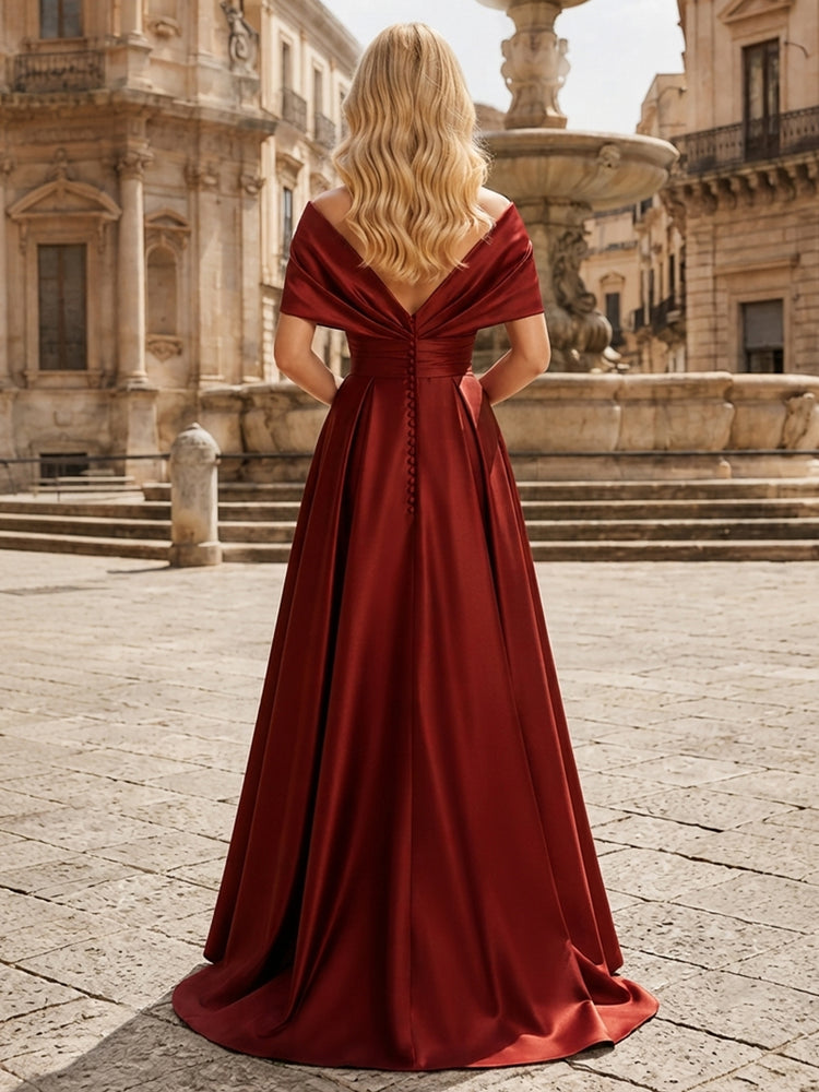 Satin A-Line Off the Shoulder Long Evening Dresses with Pleats