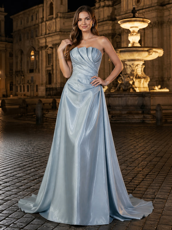 Metallic Satin A-Line Strapless Long Ruched Evening Dresses