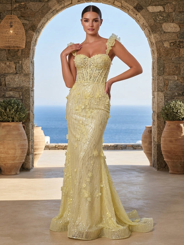 Sequin Mermaid Sweetheart Long Evening Dresses with 3D Flowers
