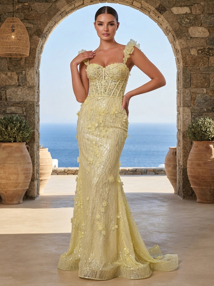Sequin Mermaid Sweetheart Long Evening Dresses with 3D Flowers