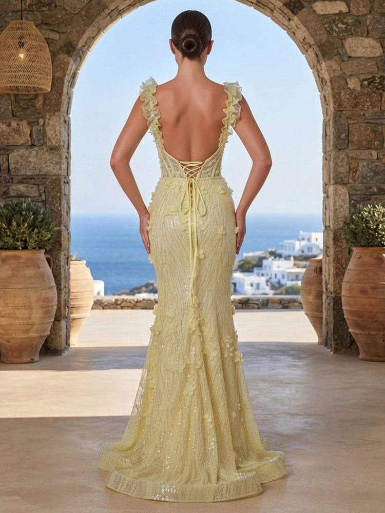 Sequin Mermaid Sweetheart Long Evening Dresses with 3D Flowers