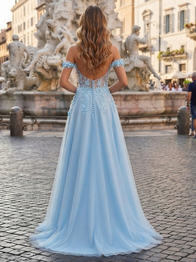 Tulle A-Line Off the Shoulder Long Evening Dresses with Floral Embroidery