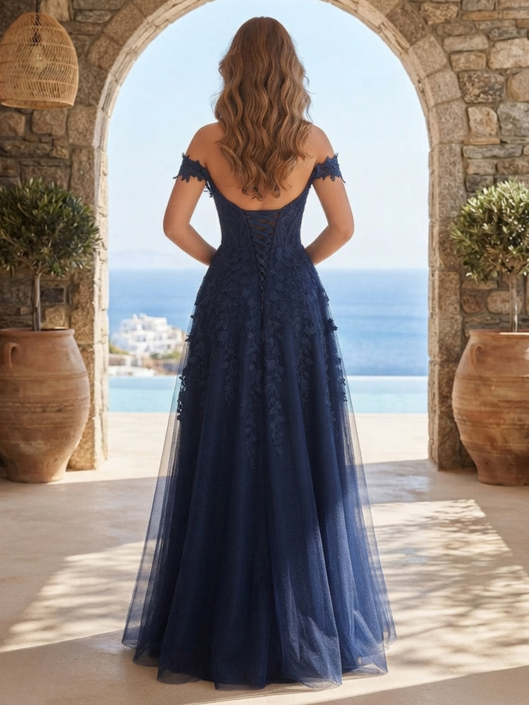 Tulle A-Line Off the Shoulder Long Evening Dresses with Applique