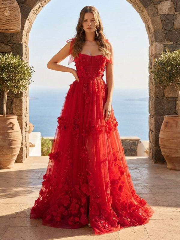 Tulle A-Line Square Neck Long Evening Dresses with 3D Flowers