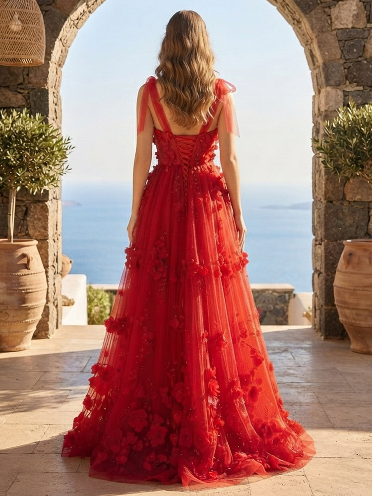 Tulle A-Line Square Neck Long Evening Dresses with 3D Flowers