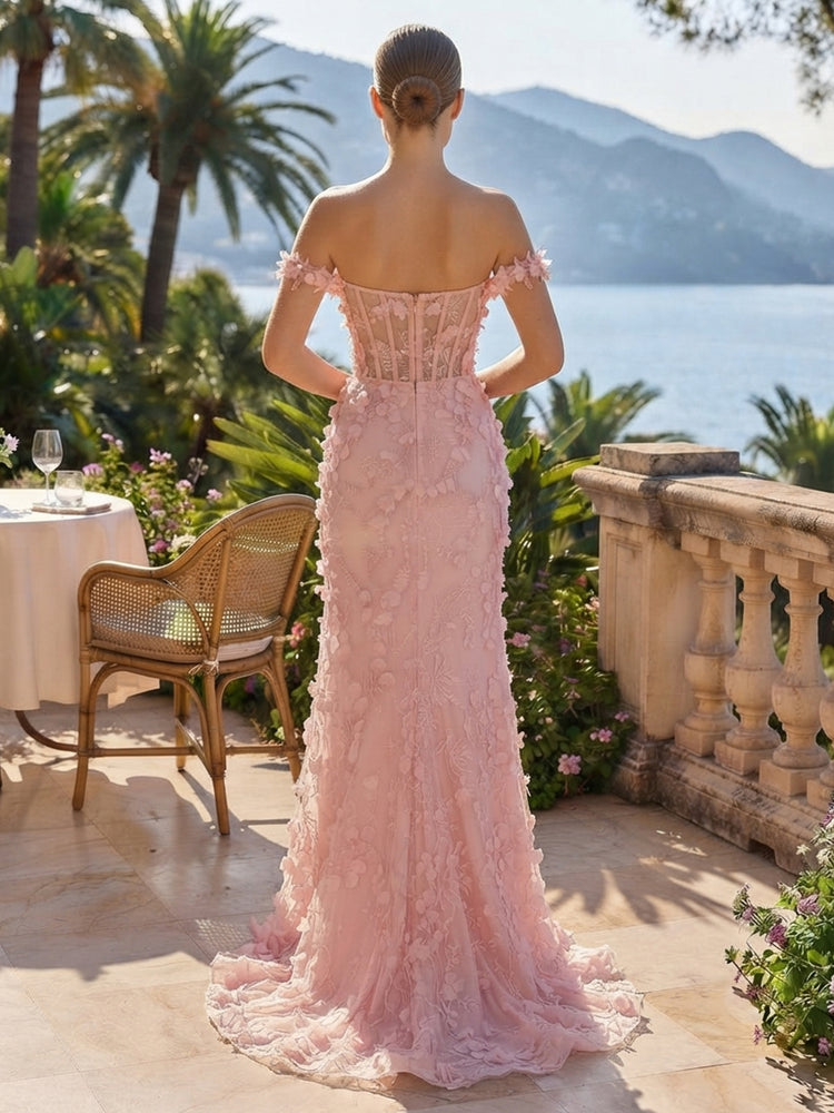 Tulle Mermaid Off the Shoulder Long Evening Dresses with Floral Embroidery