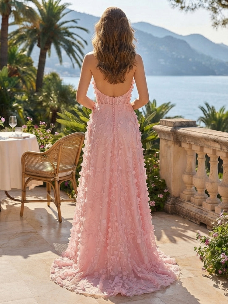 Tulle A-Line Strapless Long Evening Dresses with Floral Embroidery