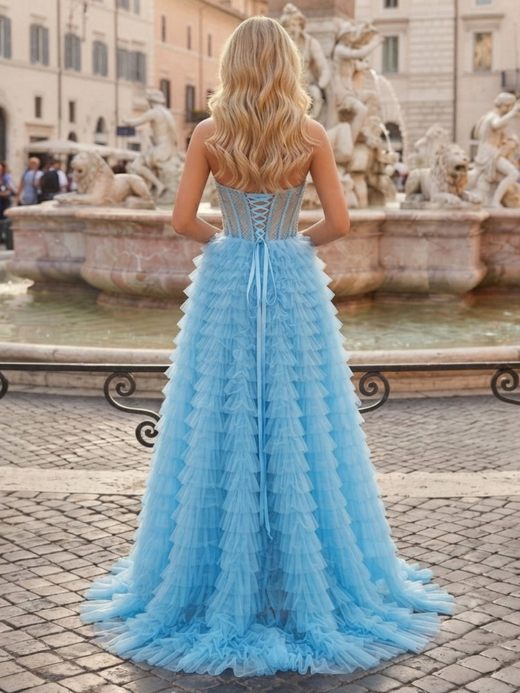 Tulle A-Line Strapless Long Evening Dresses with Tiered Ruffles