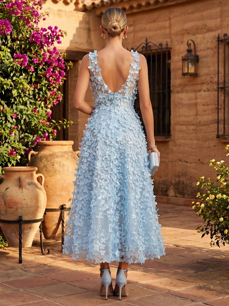 Tulle A-Line Scoop Neck Long Evening Dresses with 3D Flowers