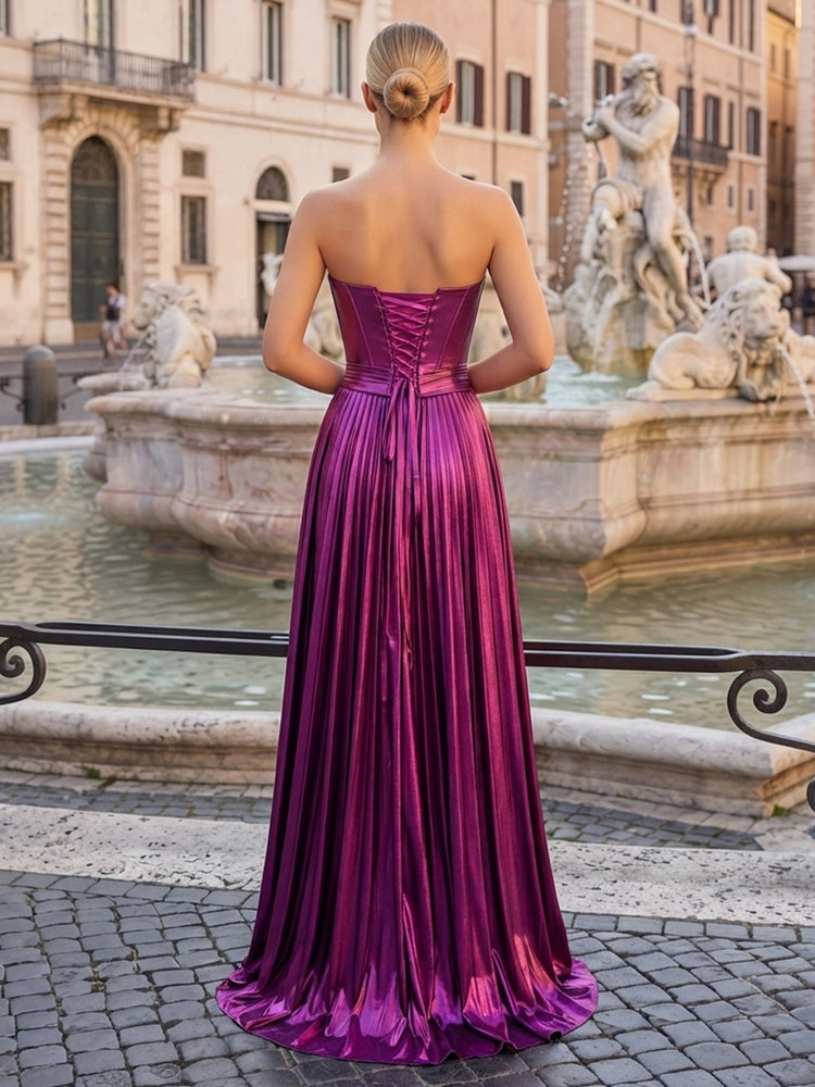 Metallic Satin A-Line Strapless Long Evening Dresses with Split Side