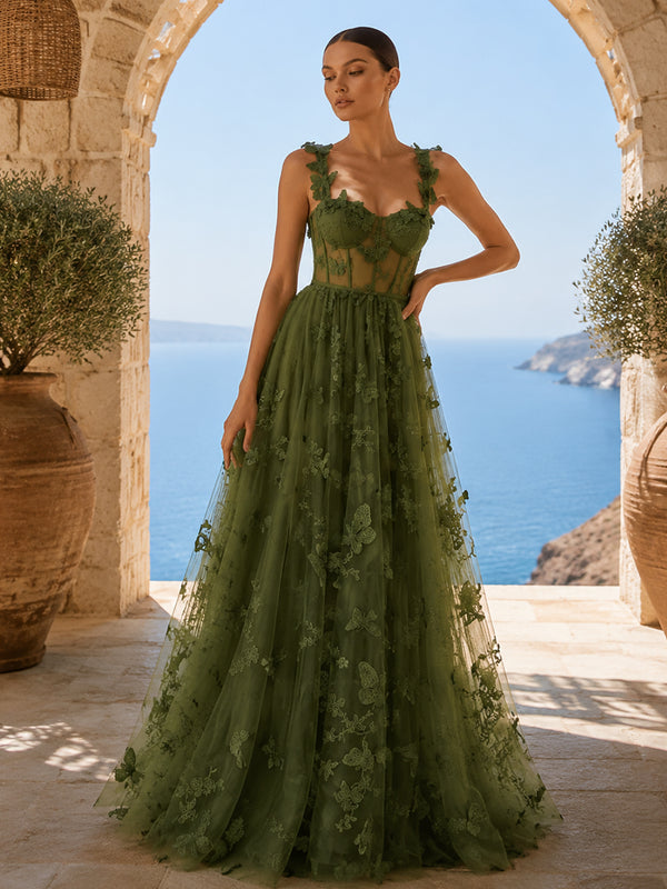 Tulle A-Line Sweetheart Long Evening Dresses with Floral Embroidery