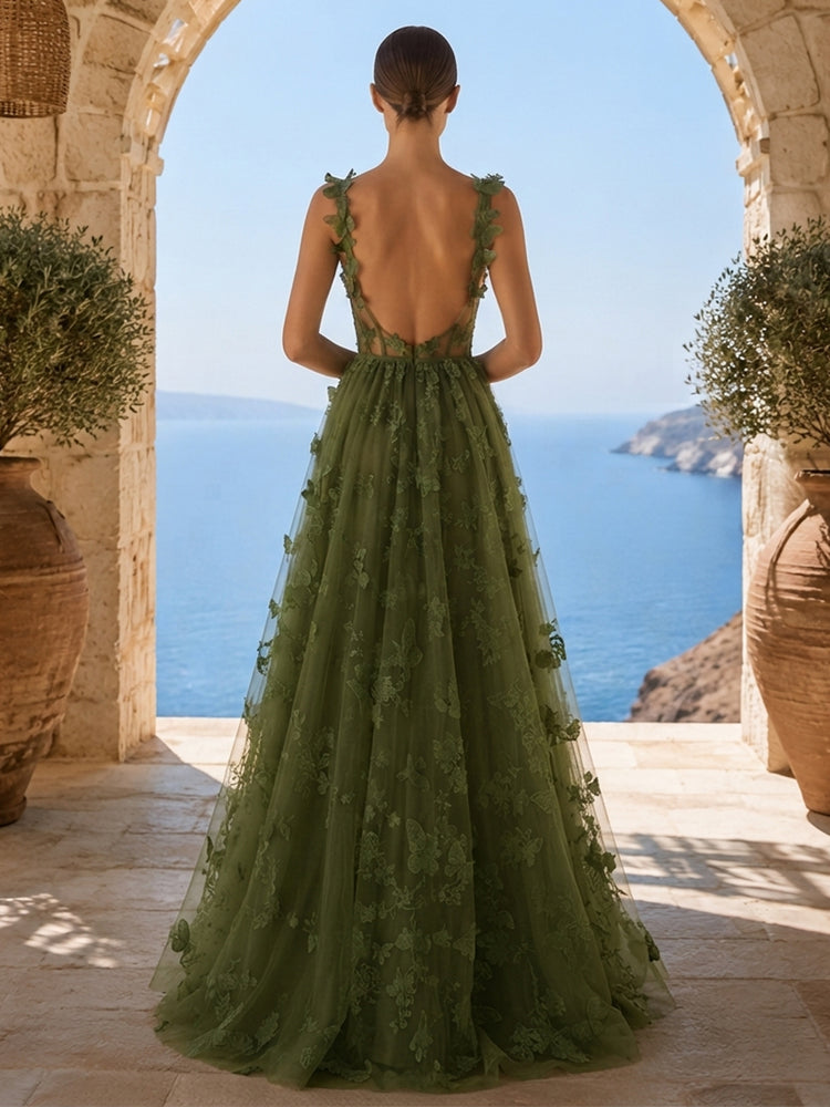 Tulle A-Line Sweetheart Long Evening Dresses with Floral Embroidery