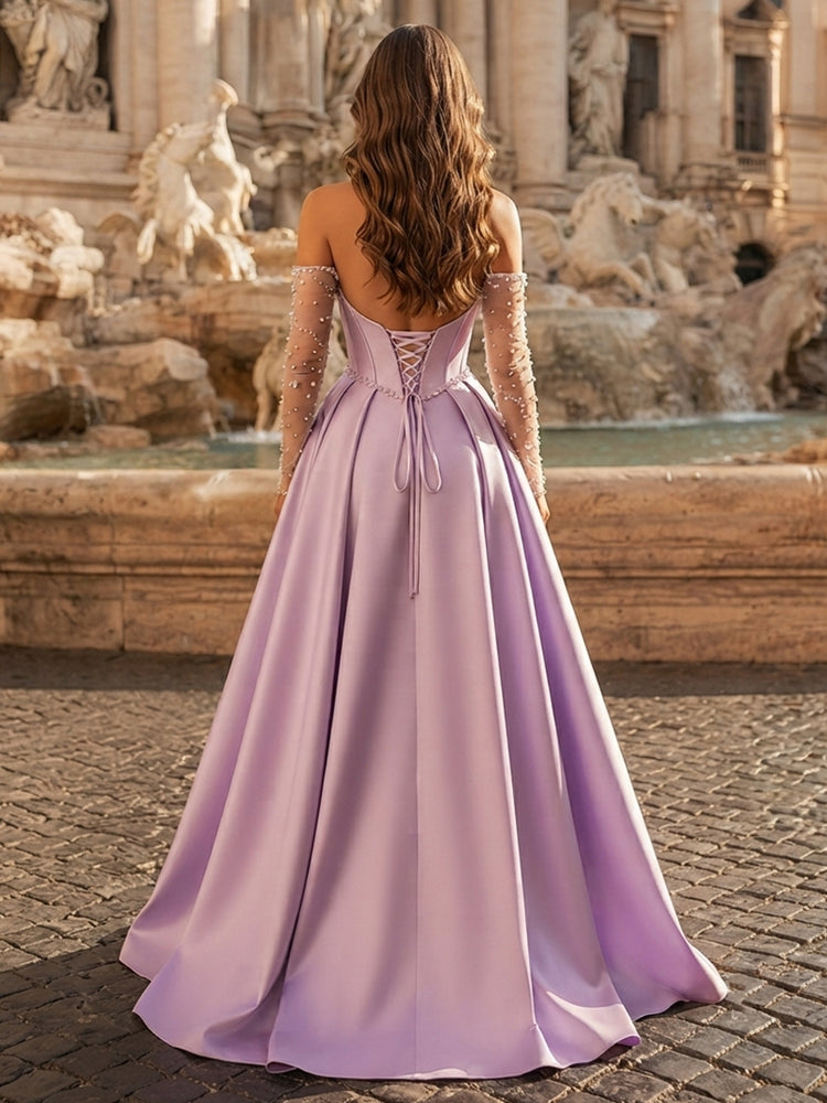 Satin A-Line Sweetheart Long Evening Dresses with Split Side