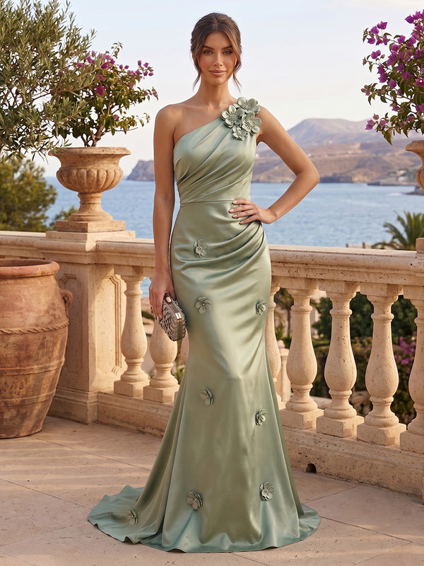 Satin Mermaid One Shoulder Long Evening Dresses with 3D Flowers