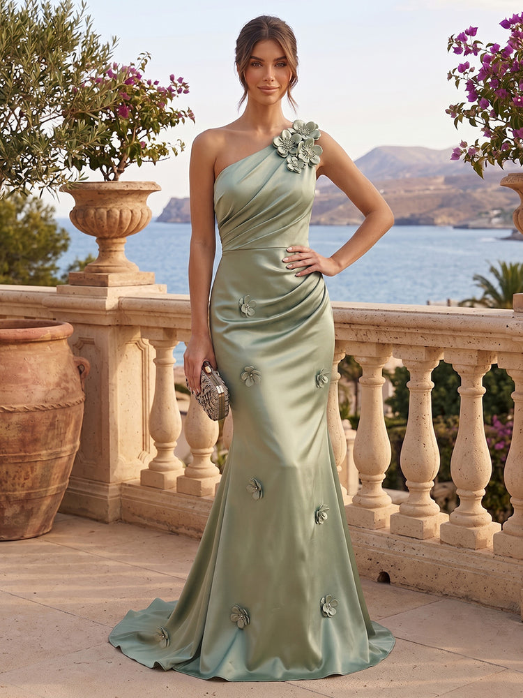 Satin Mermaid One Shoulder Long Evening Dresses with 3D Flowers