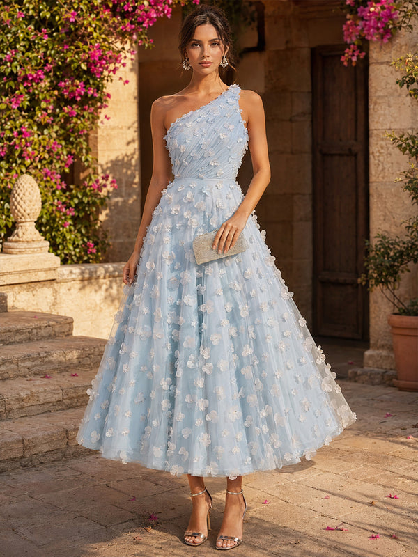 Tulle A-Line One Shoulder Long Evening Dresses with 3D Flowers