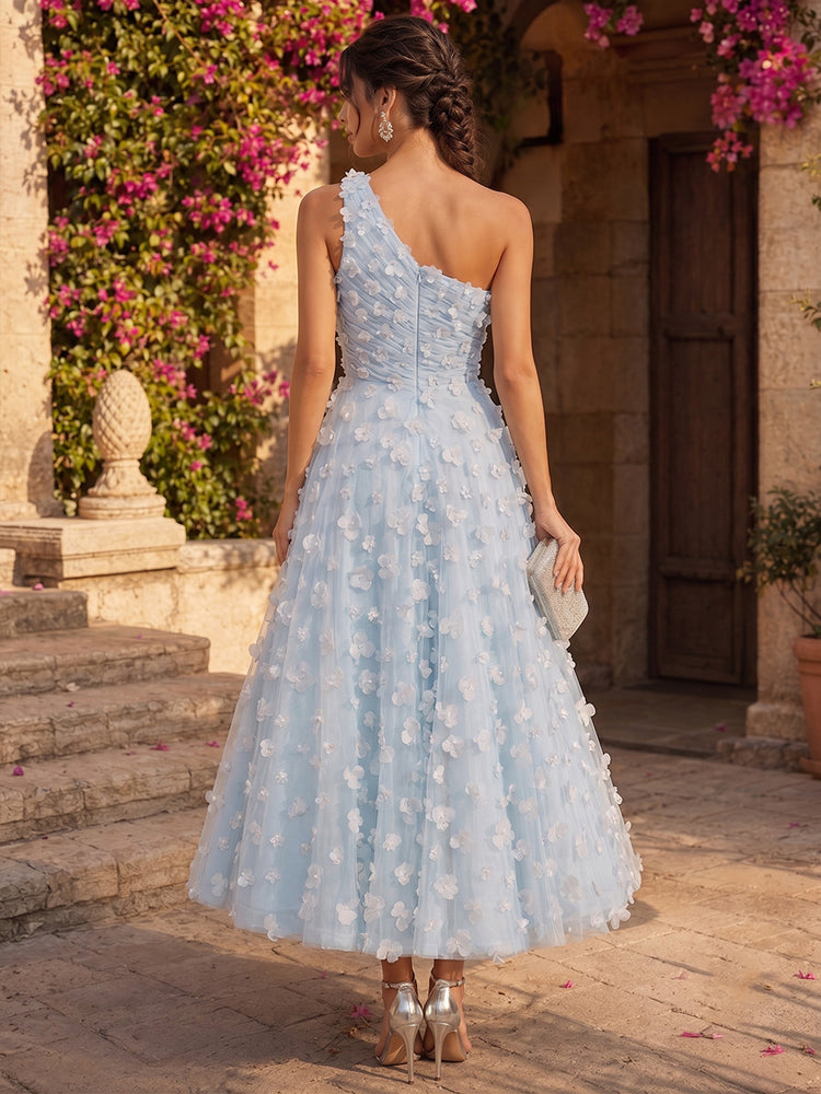 Tulle A-Line One Shoulder Long Evening Dresses with 3D Flowers