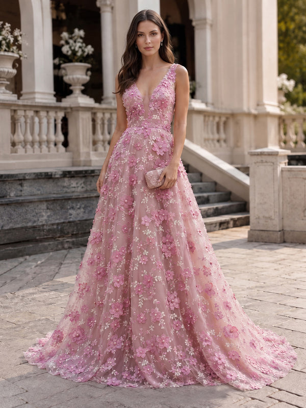 Tulle A-Line V Neck Long Evening Dresses with 3D Flowers