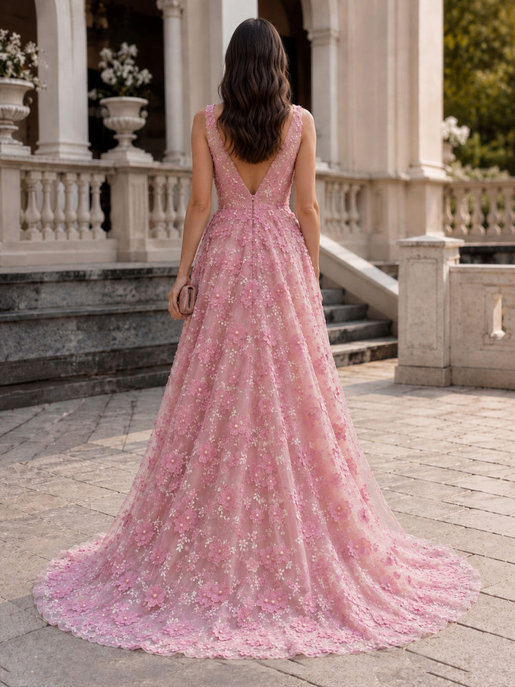 Tulle A-Line V Neck Long Evening Dresses with 3D Flowers