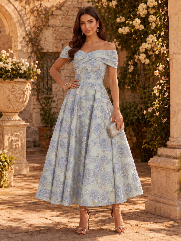 Jacquard A-Line Off the Shoulder Long Evening Dresses with Pleats