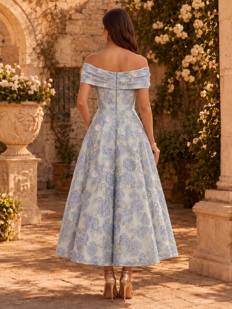 Jacquard A-Line Off the Shoulder Long Evening Dresses with Pleats
