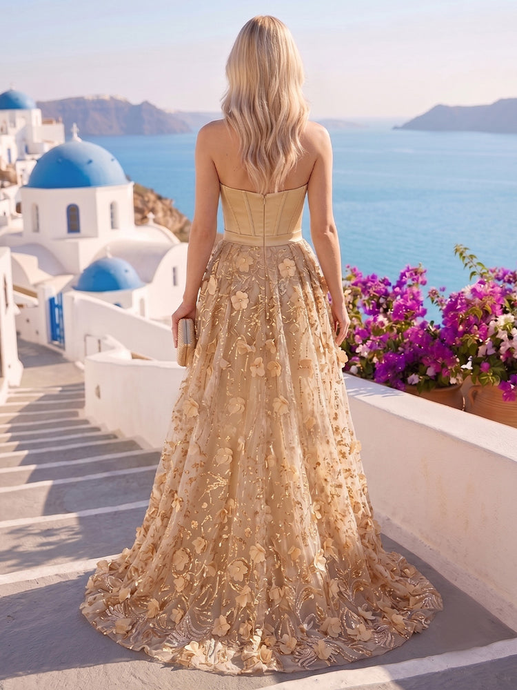 Satin A-Line Sweetheart Long Evening Dresses with 3D Flowers