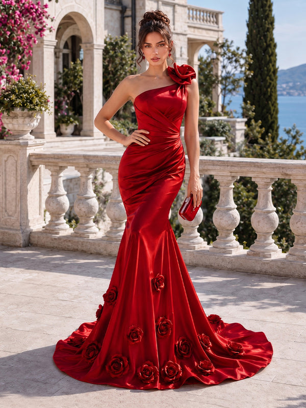 Satin Mermaid One Shoulder Long Evening Dresses with 3D Flowers