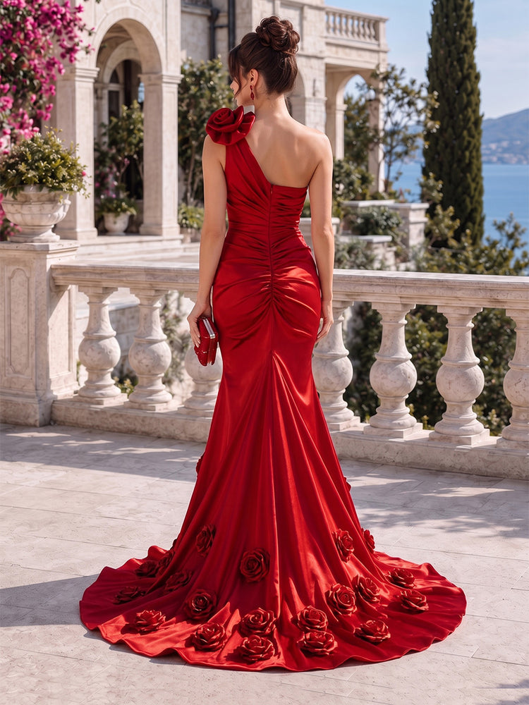 Satin Mermaid One Shoulder Long Evening Dresses with 3D Flowers