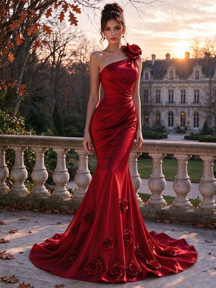 Satin Mermaid One Shoulder Long Evening Dresses with 3D Flowers